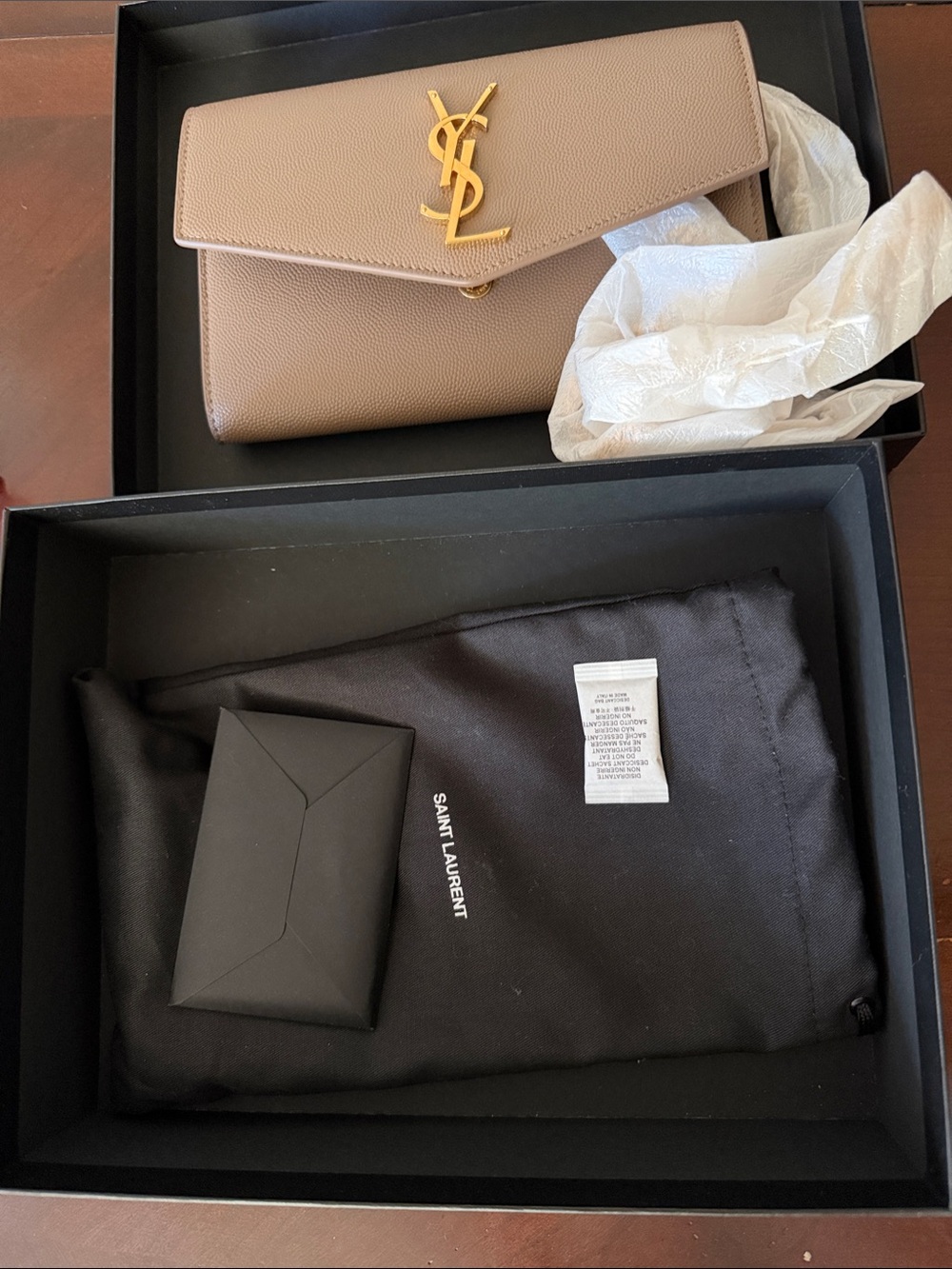 Saint Laurent Taupe Leather Monogram Envelope Crossbody Bag with Gold Hardware